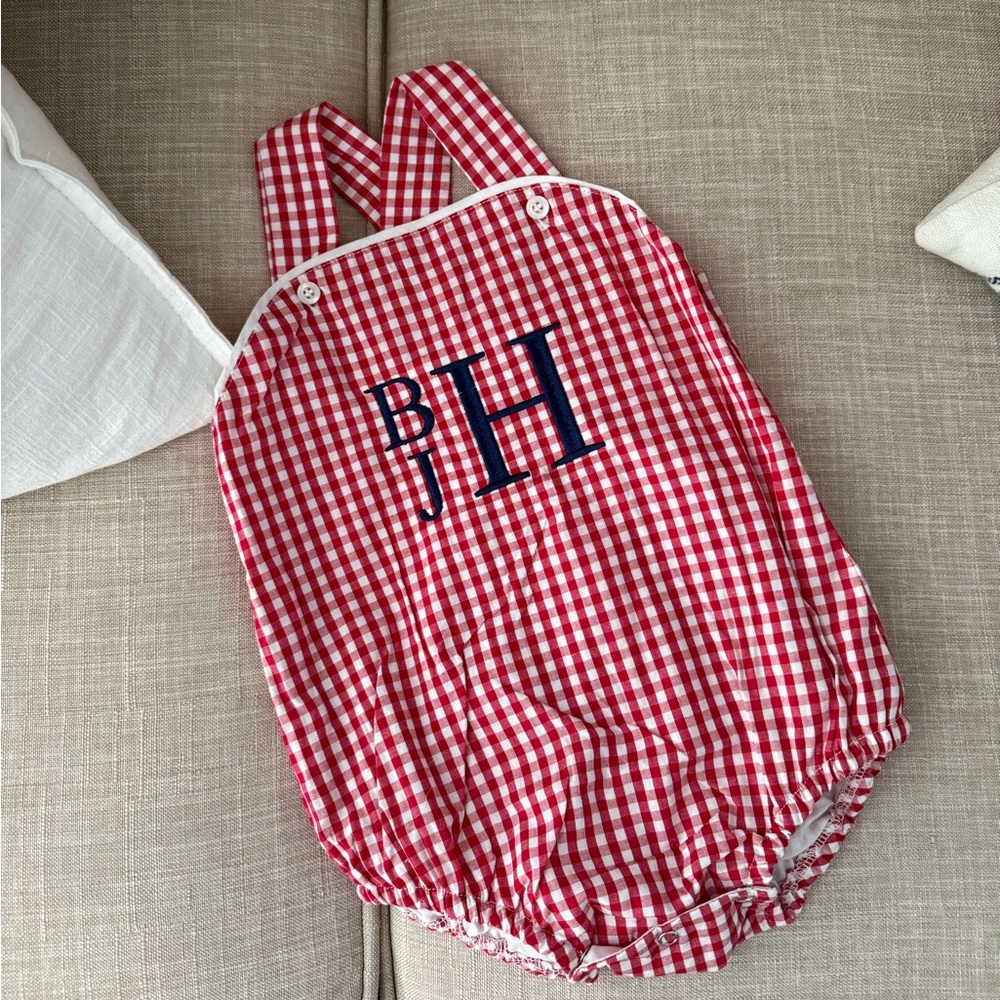 NWOT Boys Gingham Monogram Sunsuit Romper